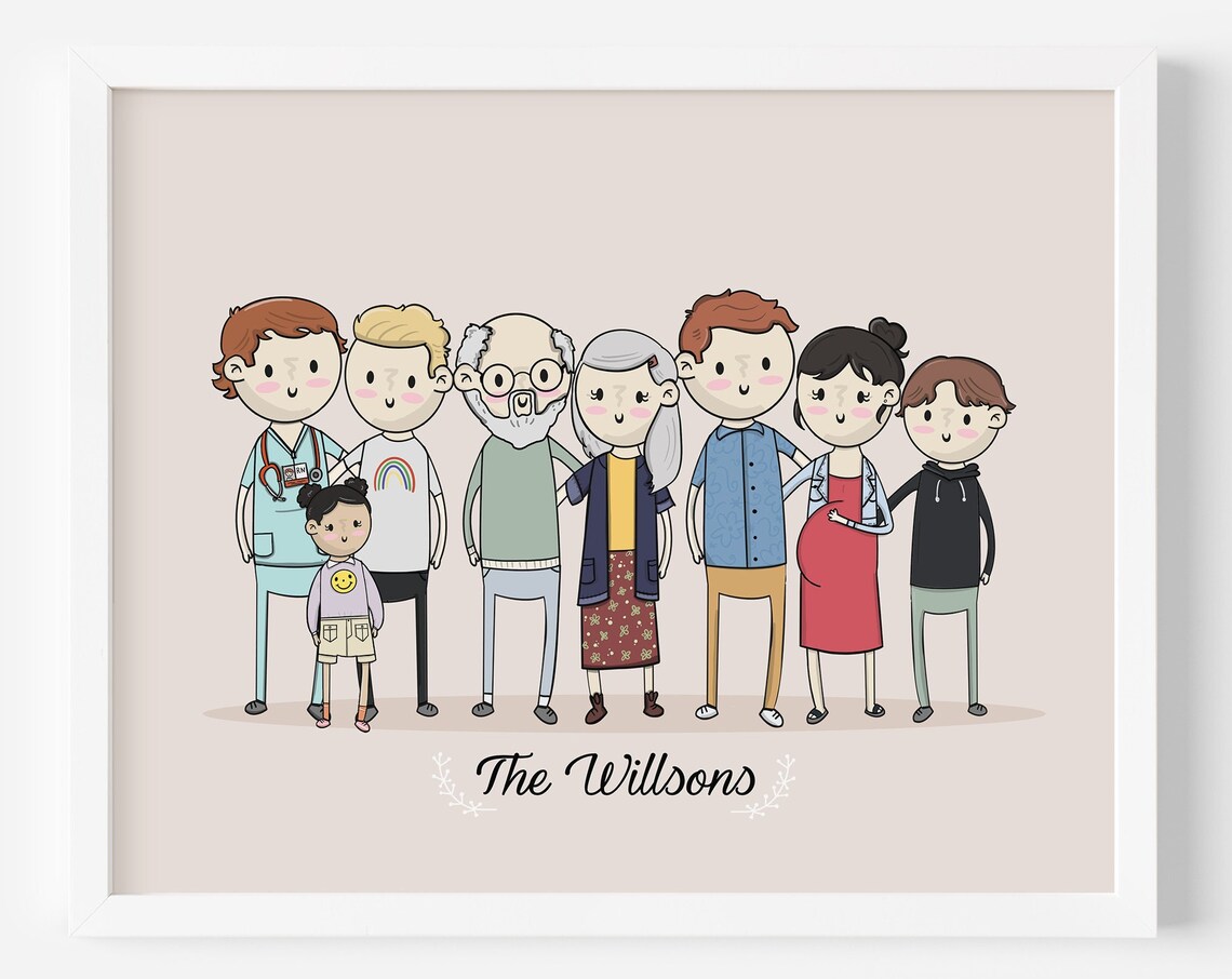 Custom Cartoon Big Family Portrait of Eight People Group Poster