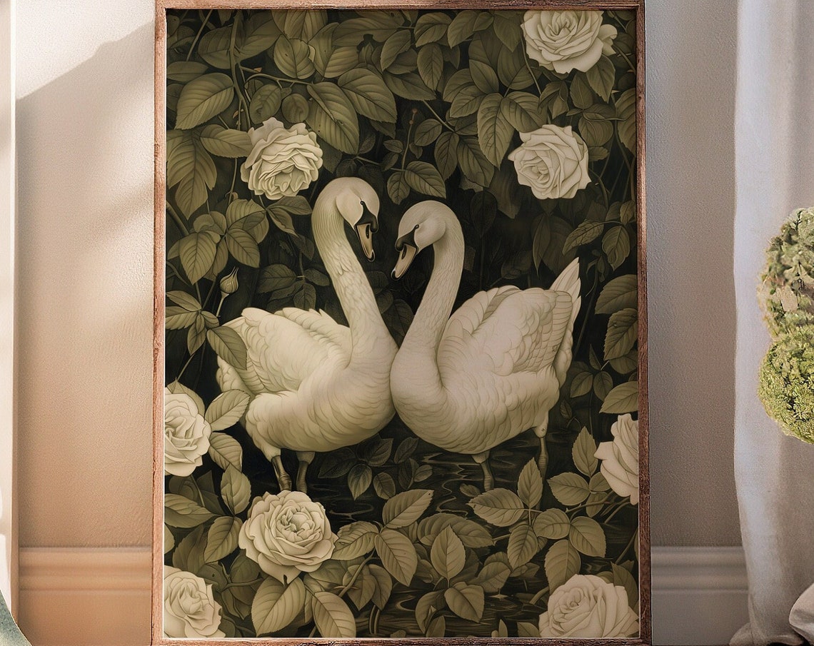Floral Swan Print Vintage Swan Painting Antique Bird Print Farmhouse Decor Swan Wall Art Swan Drawing Nursery Wall Print Antique Bird Art - Image 2