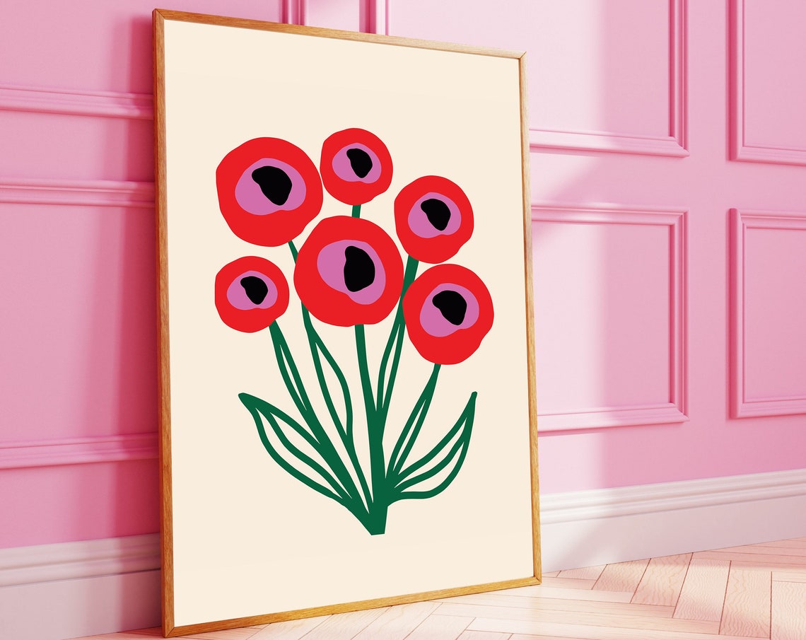 Bold Red Poppies Modern Minimalist Floral Graphic Painting Poster
