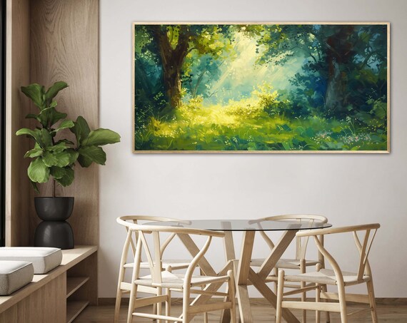 Dreamy Meadow Landscape Sunny Day Painting Print With Valley Sunrise Enchanted Forest Art For Relaxing Hallway And Greenery Wall Decor