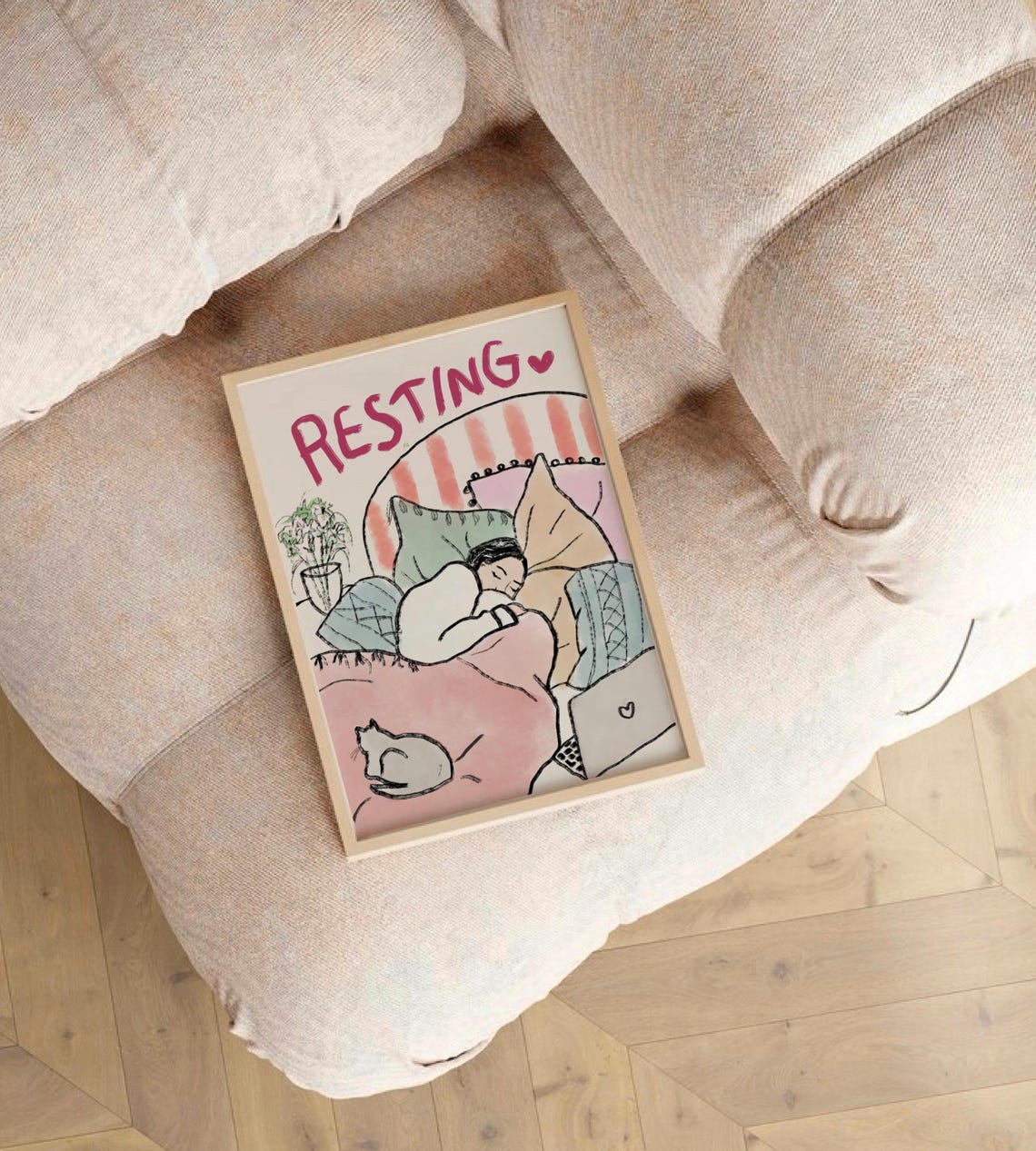 Resting In Bed Cozy Hand Drawn Cat Sleeping Illustration Poster - Image 2