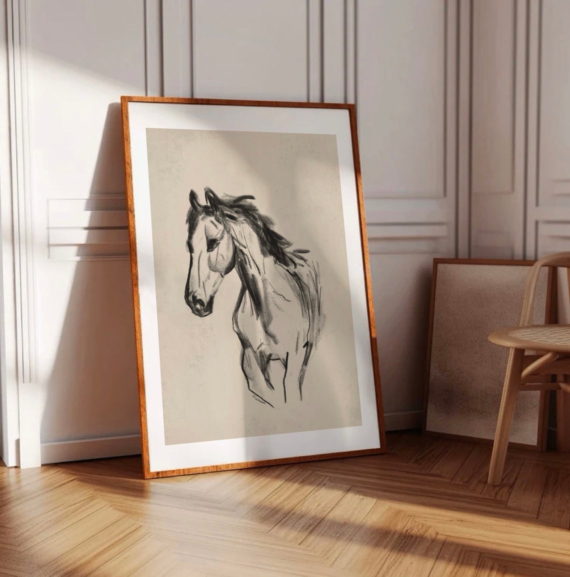 Wild Horse Head Black Ink Sketch Equestrian Art Gold Frame Poster - Image 4