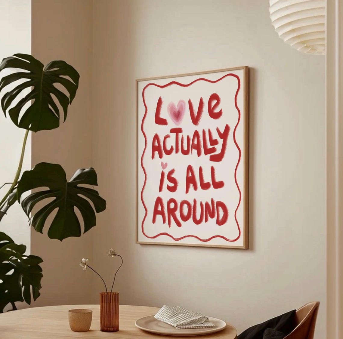 Love Actually Is All Around Red Handwritten Wavy Romantic Quote Poster