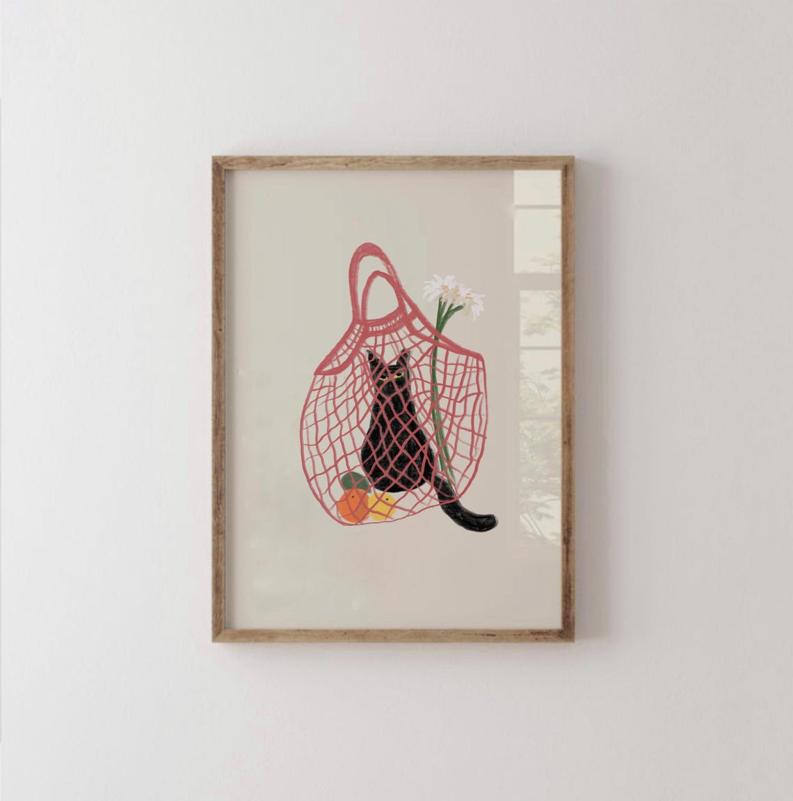 Black Cat In Pink Mesh Market Bag Daisies Funny Animal Poster