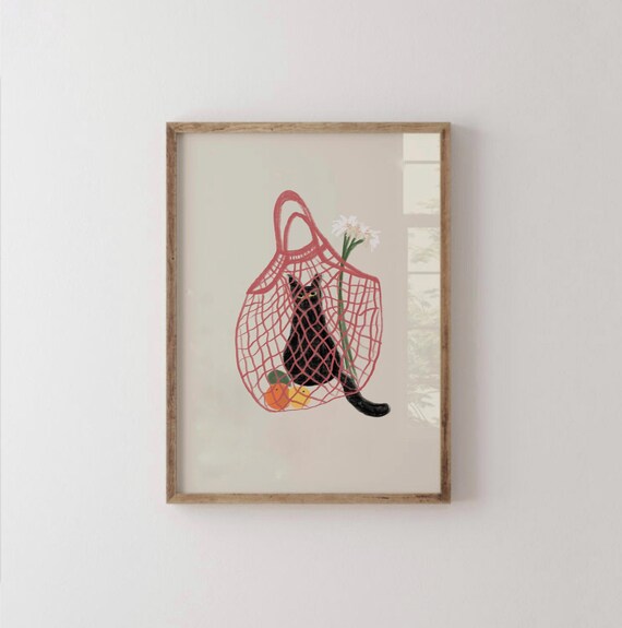 Black Cat In Pink Mesh Market Bag Daisies Funny Animal Poster