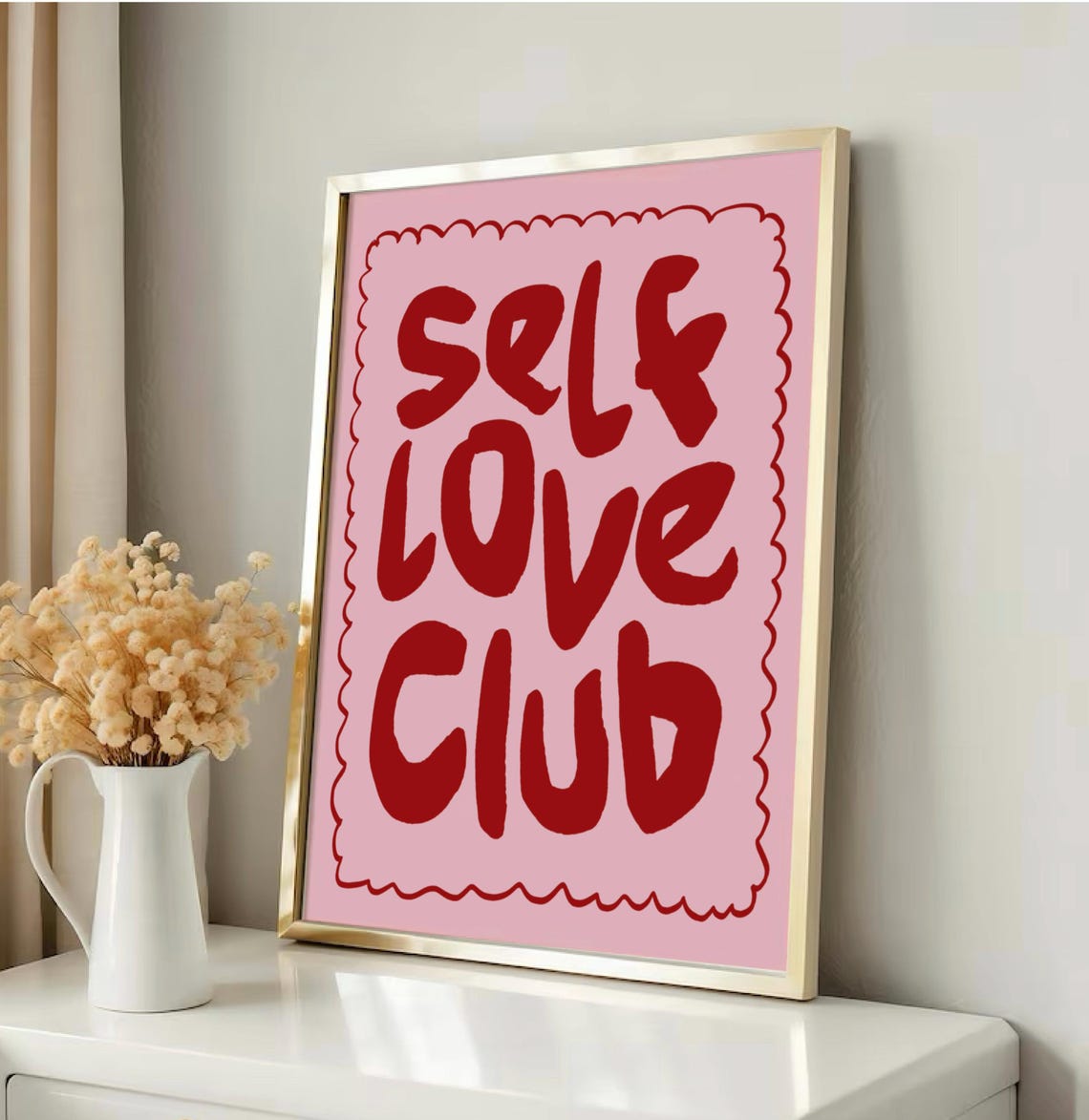 Self Love Club Red Pink Scalloped Border Quote Typography Poster - Image 3