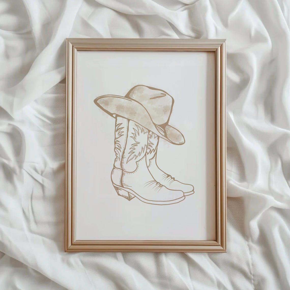 Cowboy Boots Hat Beige Line Art Western Minimalist Decor Poster