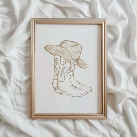 Cowboy Boots Art Print Neutral Minimalist Line Art Western Cowgirl Wall Art Cowboy Hat Print Modern Southern Home Decor Simple Print
