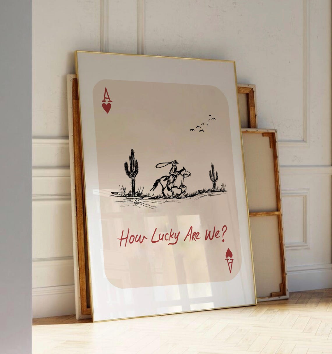 Cowboy Playing Card Print How Lucky Are We Poster Rodeo Ranch Cowboy Sketch Western Retro Wall Art Cowgirl Ace Of Heart Print Hand Drawn - Image 3