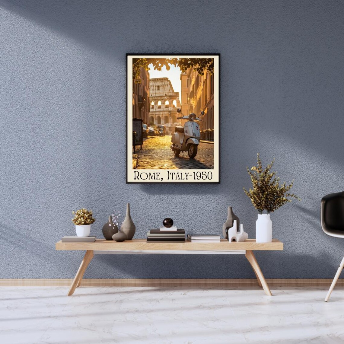Rome Italy 1950 Poster with White Vespa Scooter and the Colosseum - Image 3