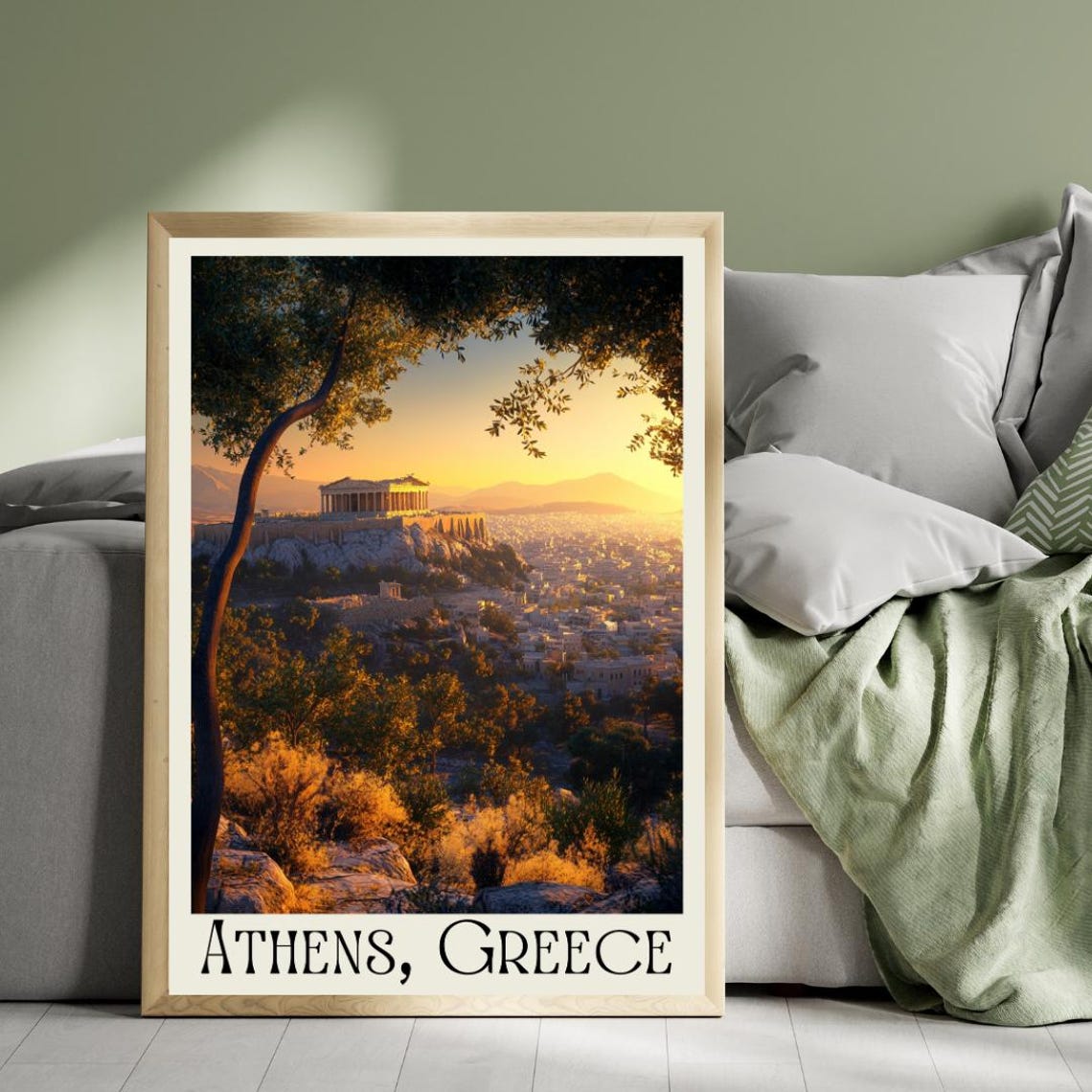Athens Greece Travel Poster with Acropolis Sunset and Olive Trees