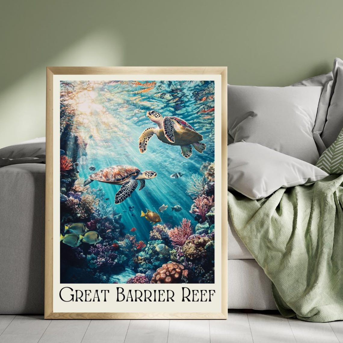 Great Barrier Reef Poster with Sea Turtles over a Coral Reef
