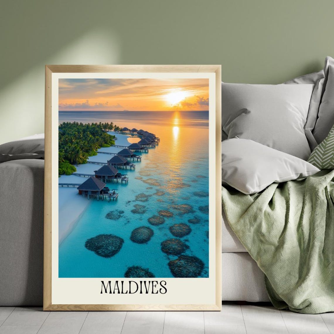 Maldives Travel Poster with Overwater Bungalows at Golden Sunset