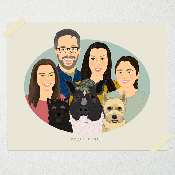 Quirky Family With Pets Custom Cartoon Portrait Art Print Gift