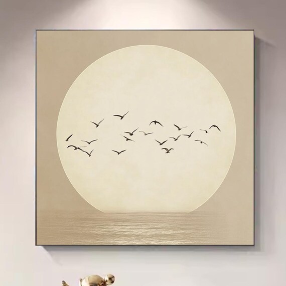Minimalist Moon Birds Flying Beige Japandi Serene Zen Style Poster