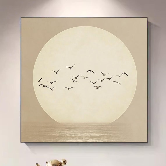 Zen Beige Sun Landscape Wall Art Modern Minimalist Painting Flock Of Flying Birds Wall Art Asian Sunset Art Home Office Wall Decor