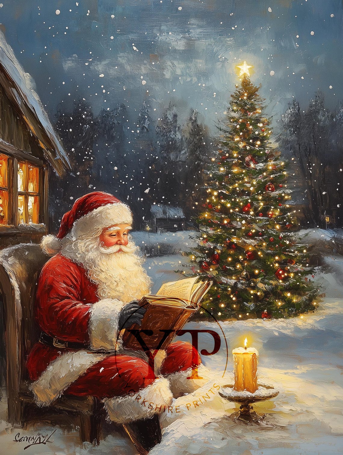 Vintage Christmas Wall Art Santa Reading Book Oil Painting Christmas Santa Wall Art Vintage Santa Claus Print Wall Art - Image 3
