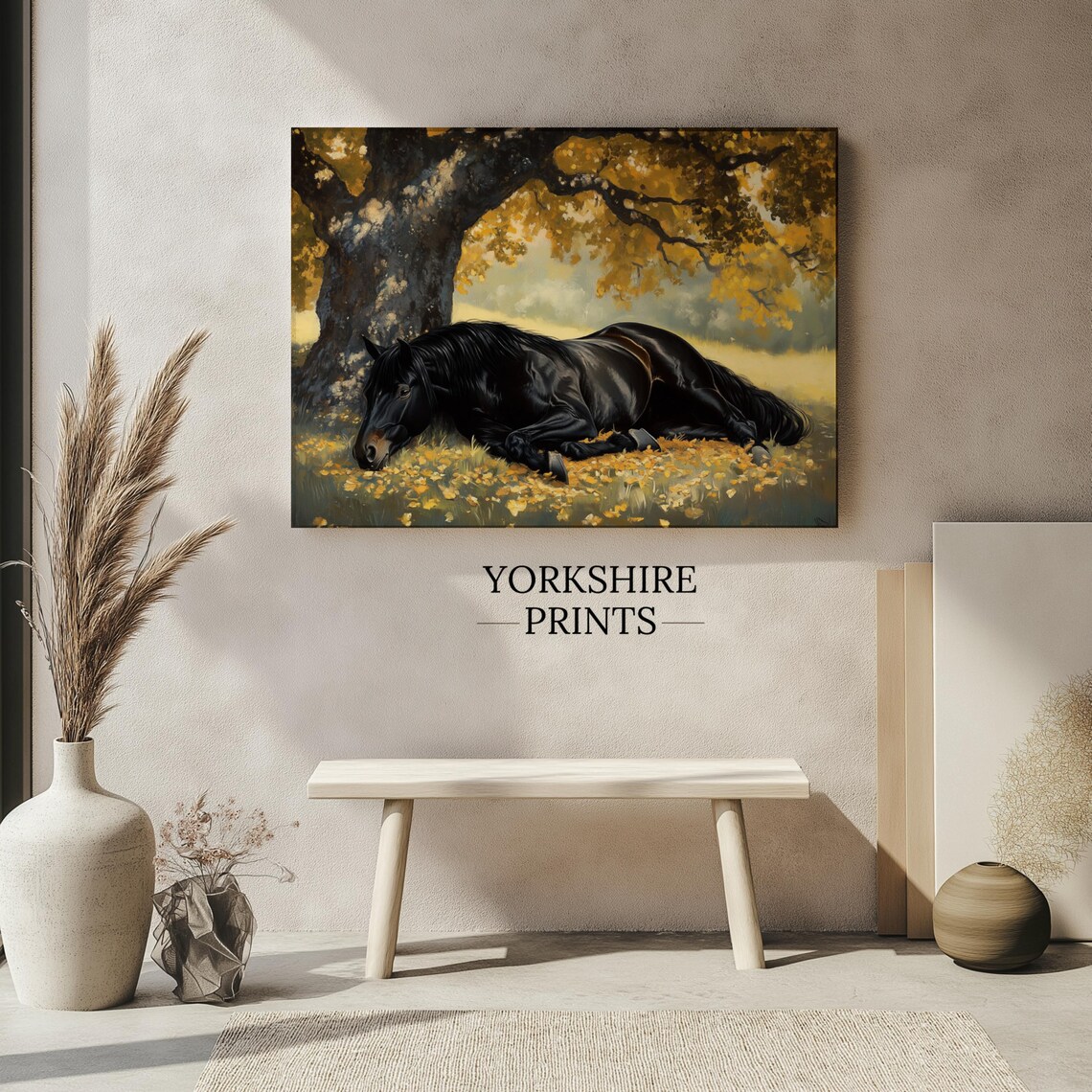Black Stallion Under Autumn Tree, Rustic Horse Art Print - Image 3