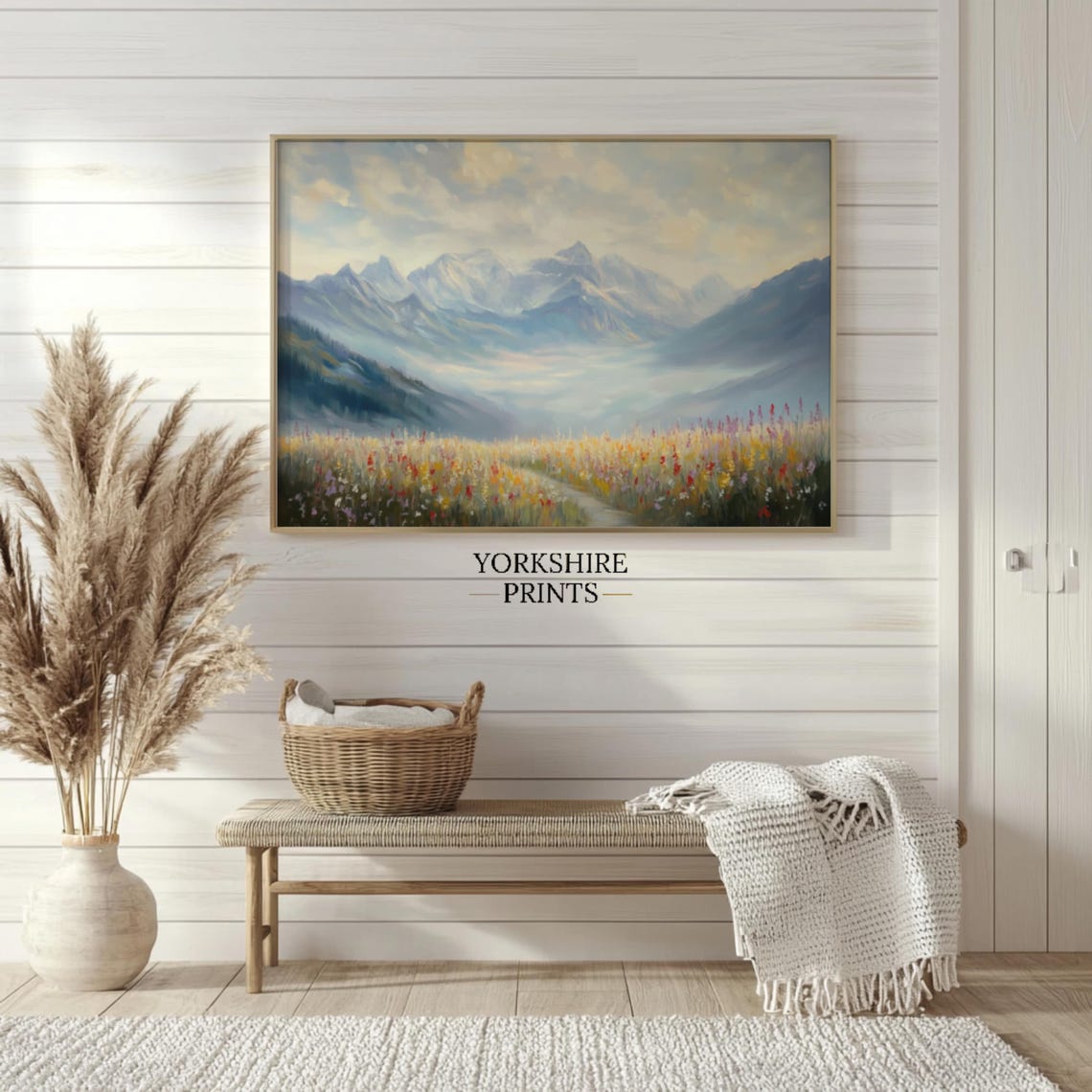 Alpine Wildflower Meadow Path Misty Mountain Peaks Spring Art Poster - Image 2