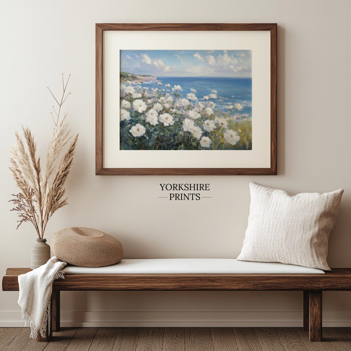 White Wild Roses Ocean Cliff Summer Coastal Garden Art Poster - Image 2