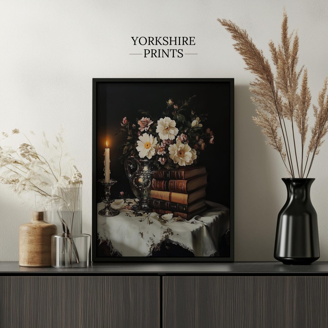 Vintage Floral Still Life With Candle Print Moody Botanical Wall Art Floral Oil Painting Moody Flower Artwork For Living Room - Image 3