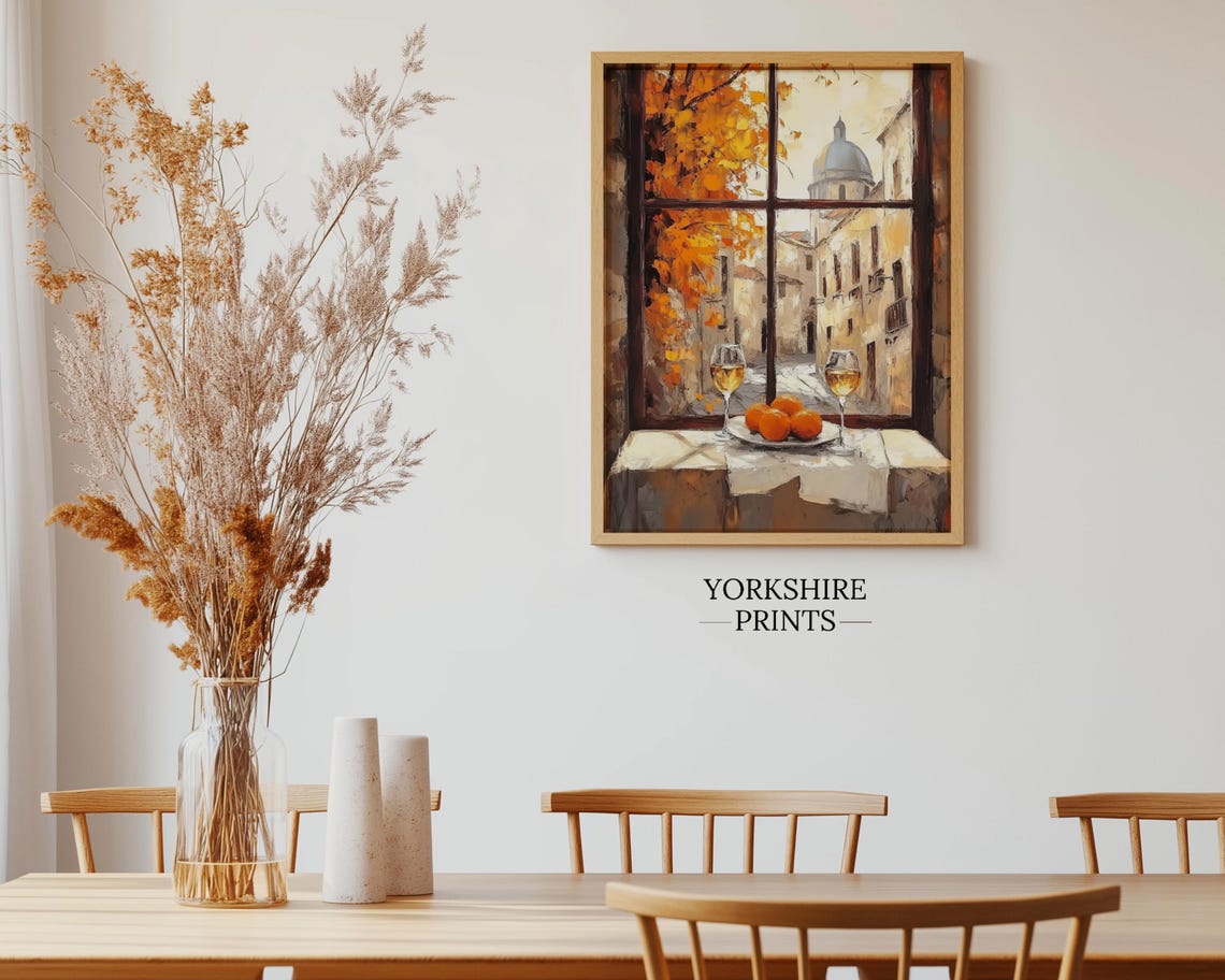 Italian Window Still Life Wine Oranges Autumn Old Town View Poster - Image 2