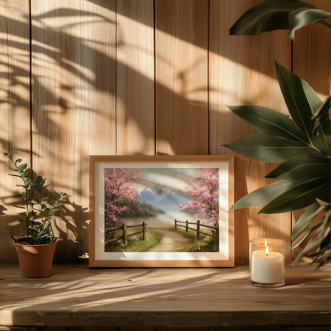 Pink Cherry Blossom Snow Mountain Lake Path Spring Landscape Poster - Image 2