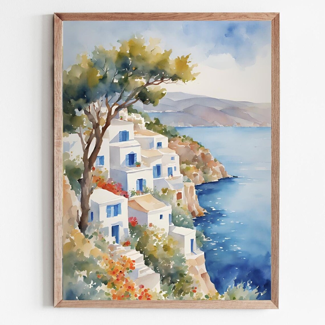 Santorini Watercolor Coastline Cityscape Travel Poster