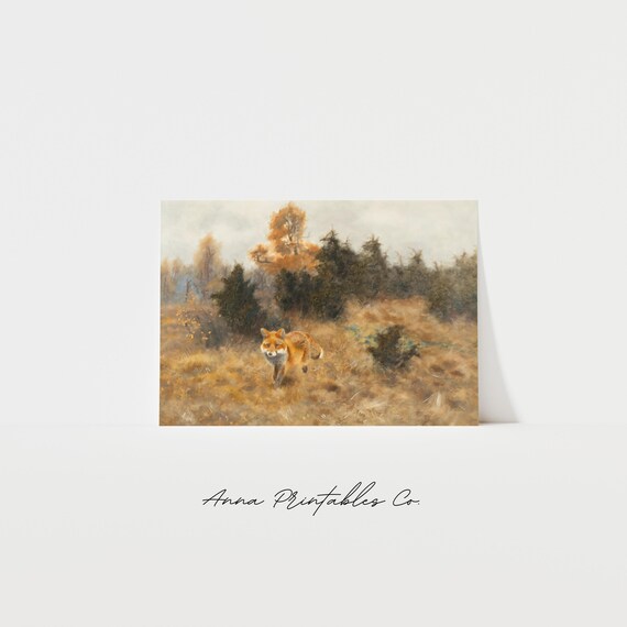 Red Fox Standing in a Golden Autumn Field Vintage Wildlife Painting Poster
