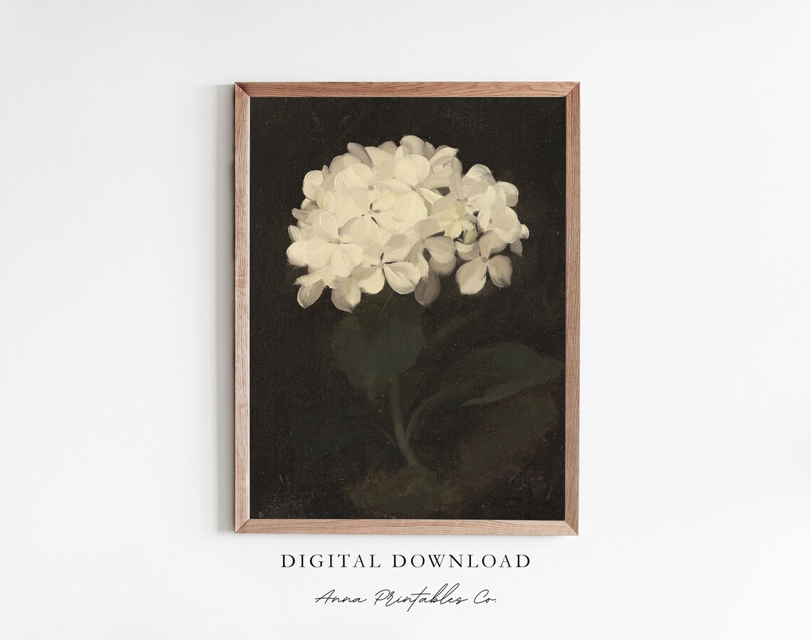 Hydrangea Vintage Oil Painting, Antique Botanical Print