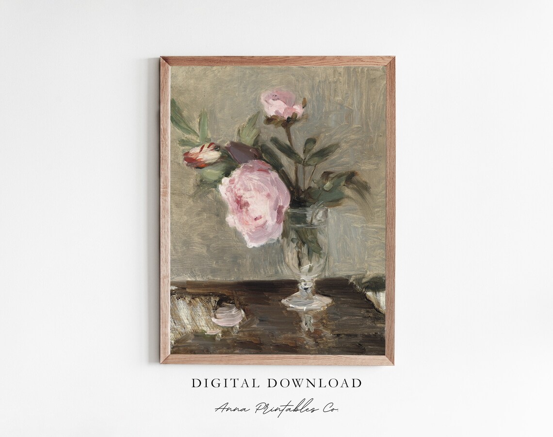 Pink Peonies in Glass Vase Loose Impressionist Floral Painting Print