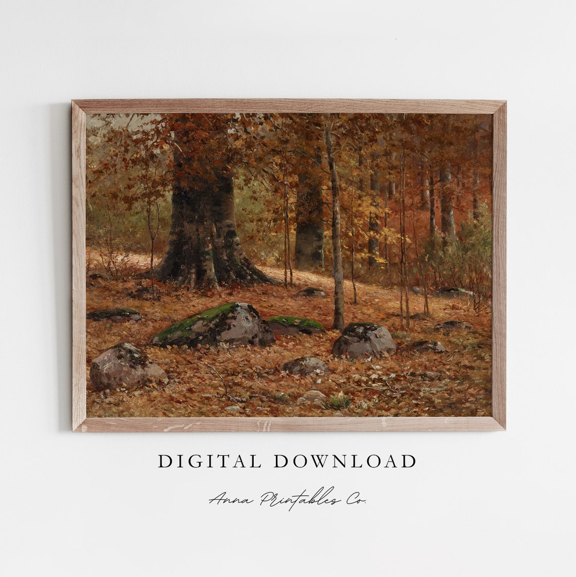 Golden Autumn Forest with Mossy Rocks and Fallen Leaves Poster