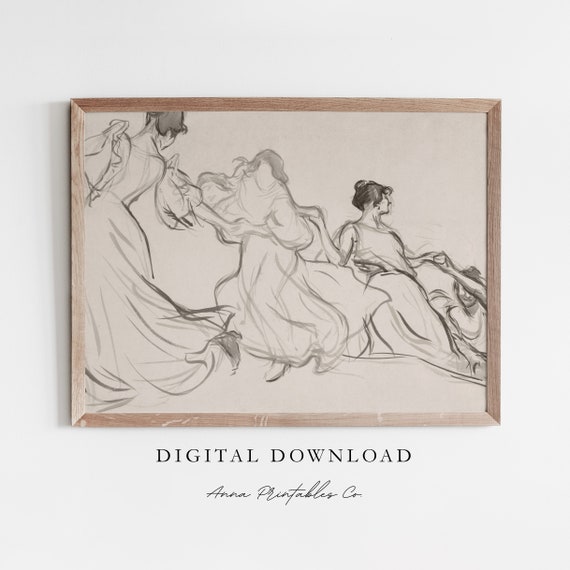 Companionship Antique Sketch for Victorian Women, Art Print