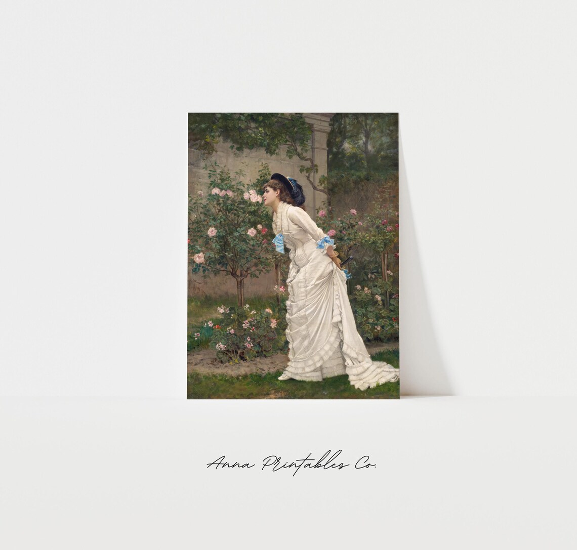 Woman in White Dress Smelling Roses in a Garden Vintage Art Poster