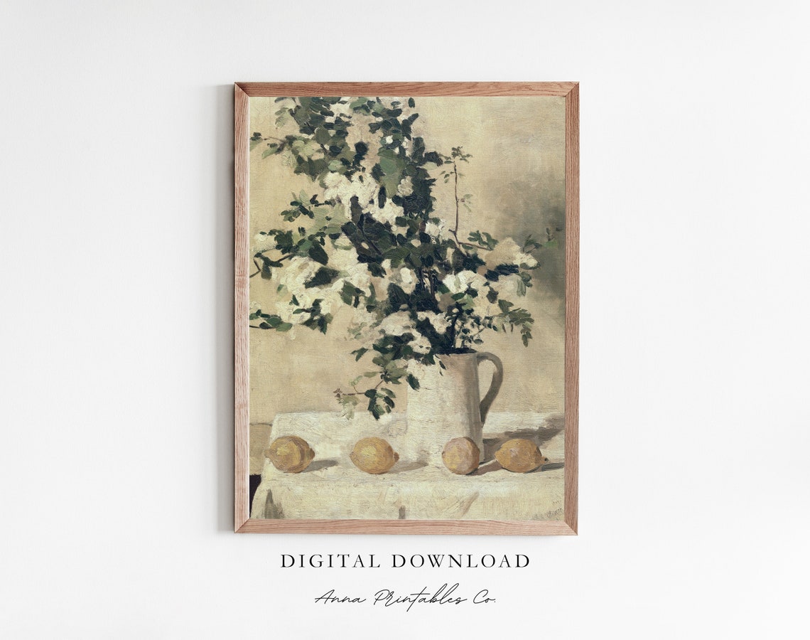 White Pitcher With Flowering Branches and Lemons Still Life Poster