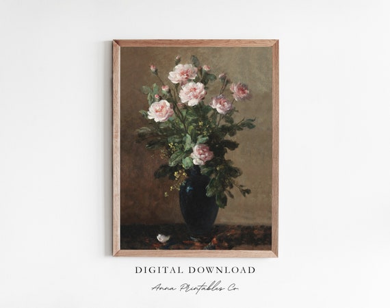 Still Life Iii Antique Rose Bouquet Painting For Moody Floral Wall Art Cottagecore Print Farmhouse Decor