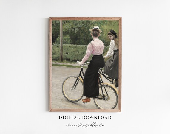 Edwardian Women on Bicycles Summer Day Antique Cycling Painting Print