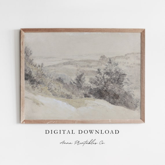 Box Hill Antique Countryside Landscape Watercolor Painting Vintage Minimalist Wall Art Neutral Tone Decor