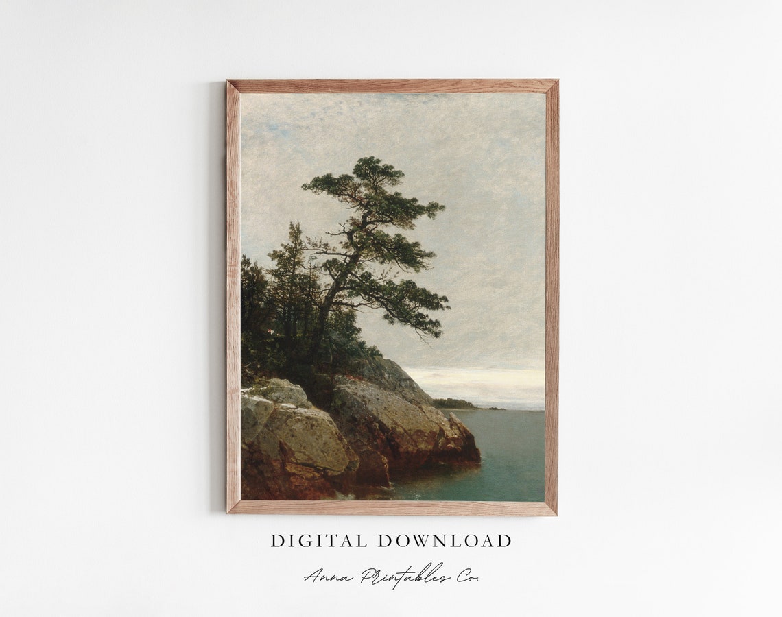 Windswept Tree On Rocky Coastline Vintage Coastal Seascape Art Poster