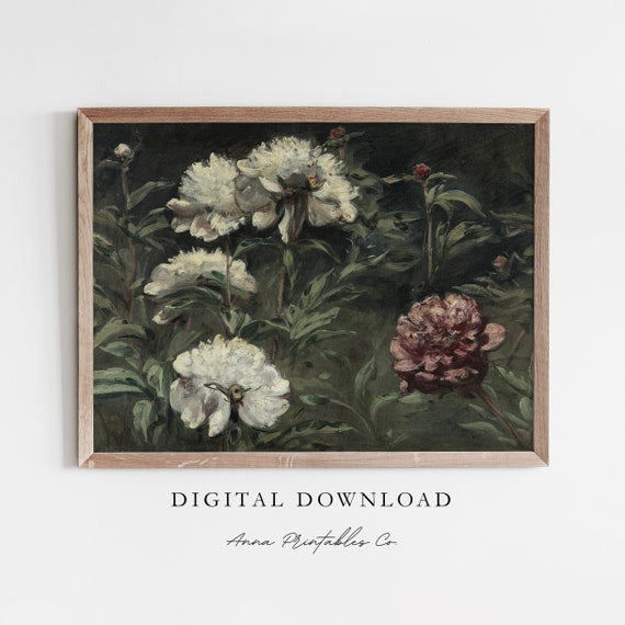 White And Red Peonies Antique Flower Bush Painting For Moody Vintage Floral Wall Art Dark Academia Decor