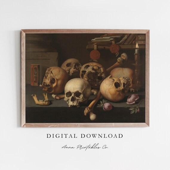 Still Life With Skulls Antique Vanitas Painting Candle Dark Academia Print