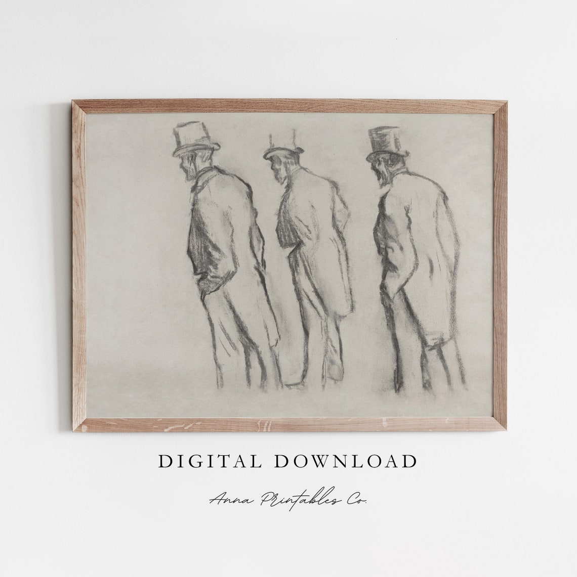 Three Men Top Hats Charcoal Figure Study Vintage Sketch Poster