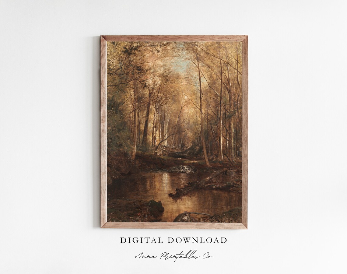 Golden Autumn Woodland Stream Sunlit Trees Vintage Painting Poster