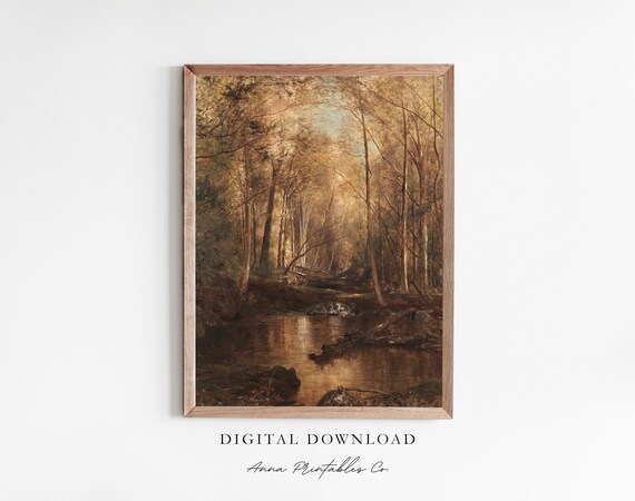 Golden Autumn Woodland Stream Sunlit Trees Vintage Painting Poster