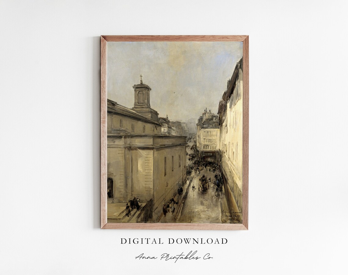 Old Paris Street with Church Vintage Cityscape Painting Art Poster