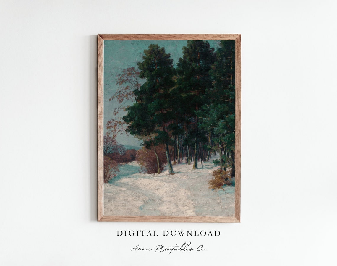 Snowy Pine Forest Trail Winter Landscape Vintage Painting Poster
