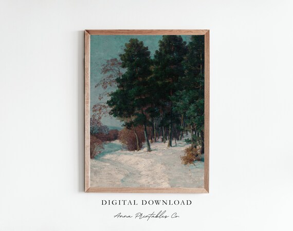 Snowy Pine Forest Trail Winter Landscape Vintage Painting Poster