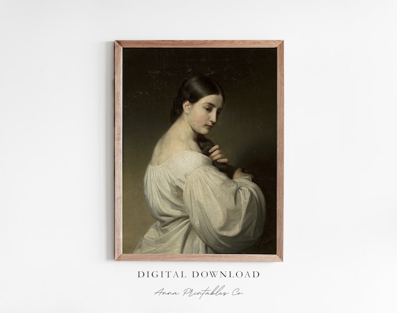 Portrait Of A Brown Haired Woman Antique Oil Painting Dark Background Print