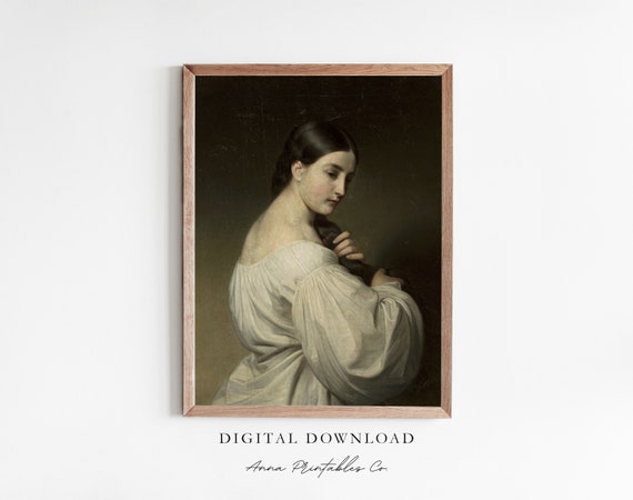 Portrait Of A Brown Haired Woman Antique Oil Painting For Dark Academia Decor Moody Vintage Artwork Fine Art Print