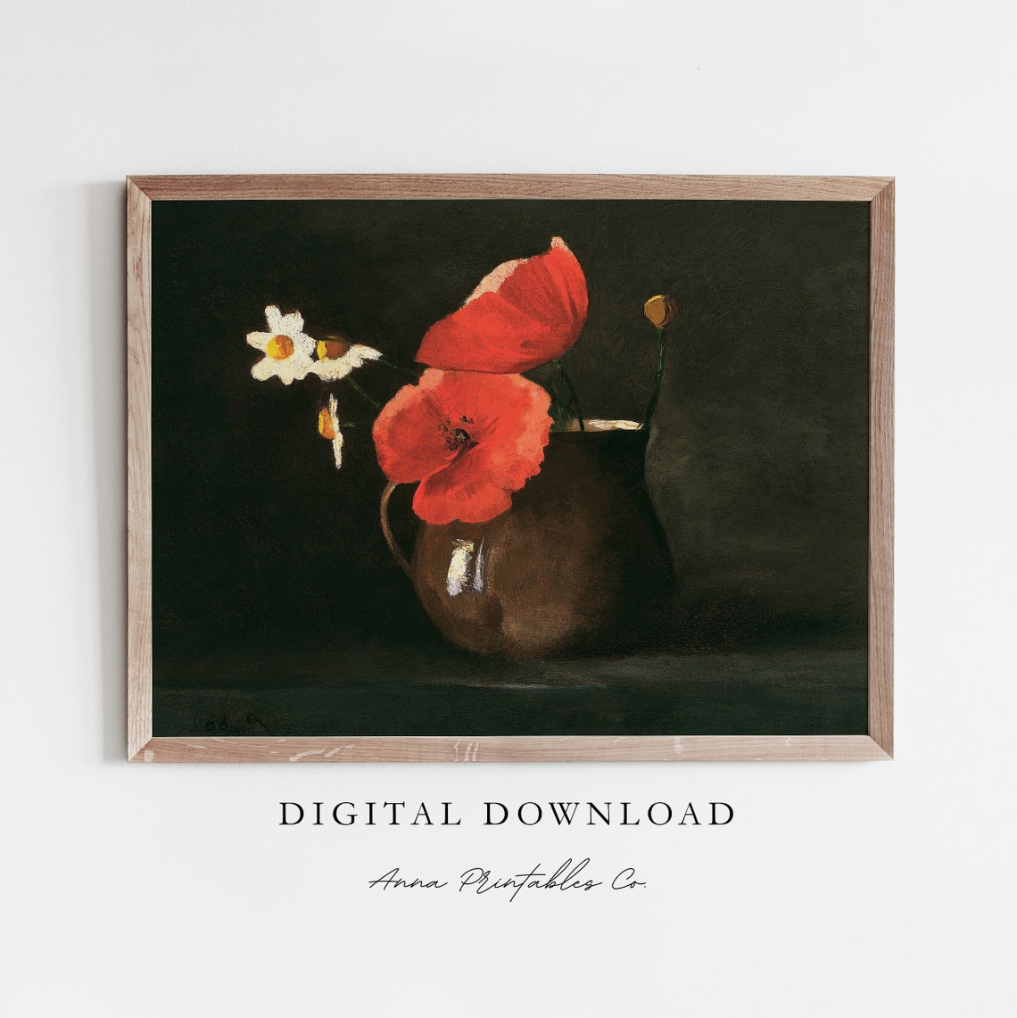 Red Poppies in Brown Jug Dark Floral Still Life Painting Poster